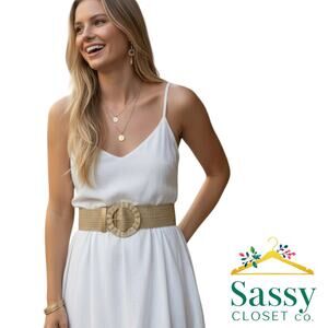 Metallic Gold Woven Belt Circular Buckle Designer‑Inspired One Size NWOT